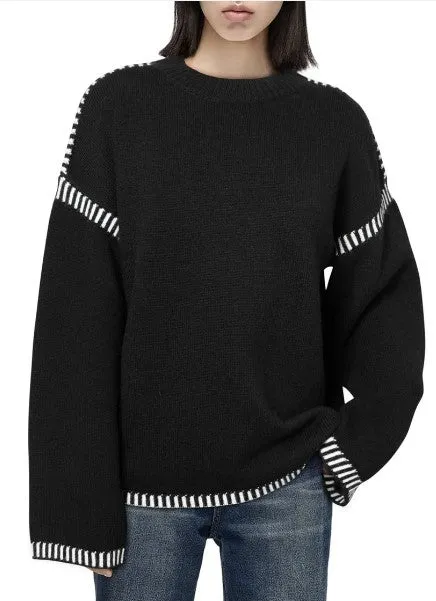 The Olivia Sweater in Black w/White Stitching Detail - #8384-8387