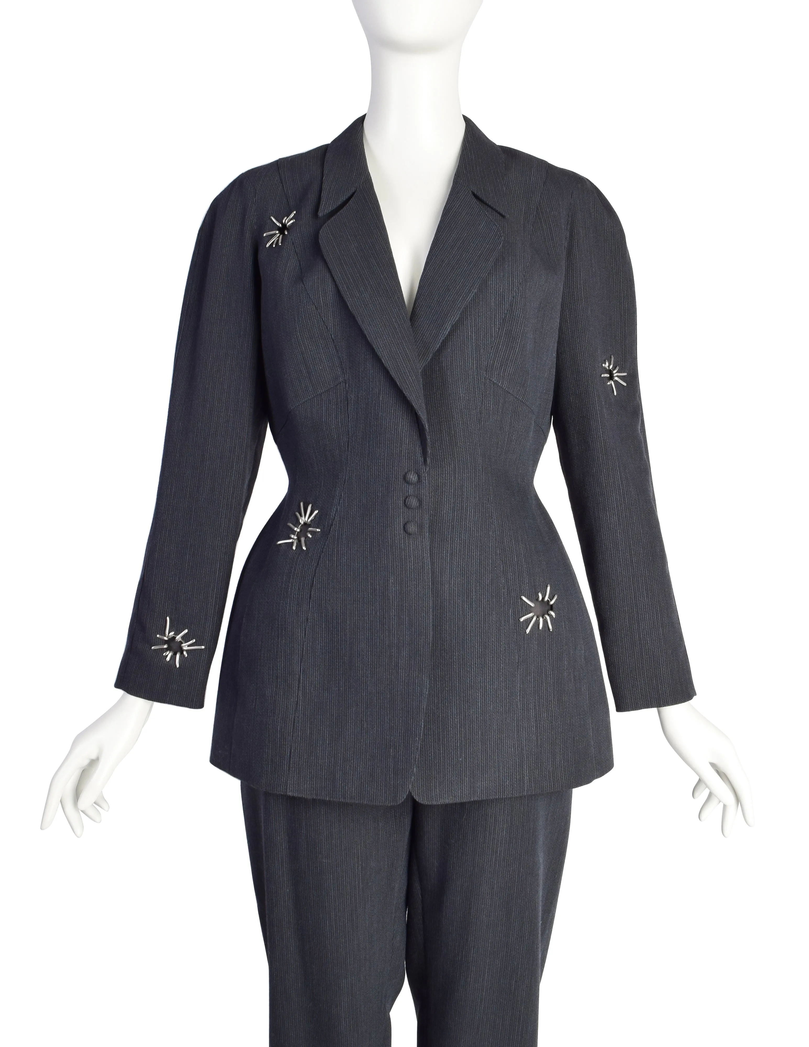 Thierry Mugler Vintage 1990s Bluish Grey Metal Embellished Wool Jacket Pant Suit