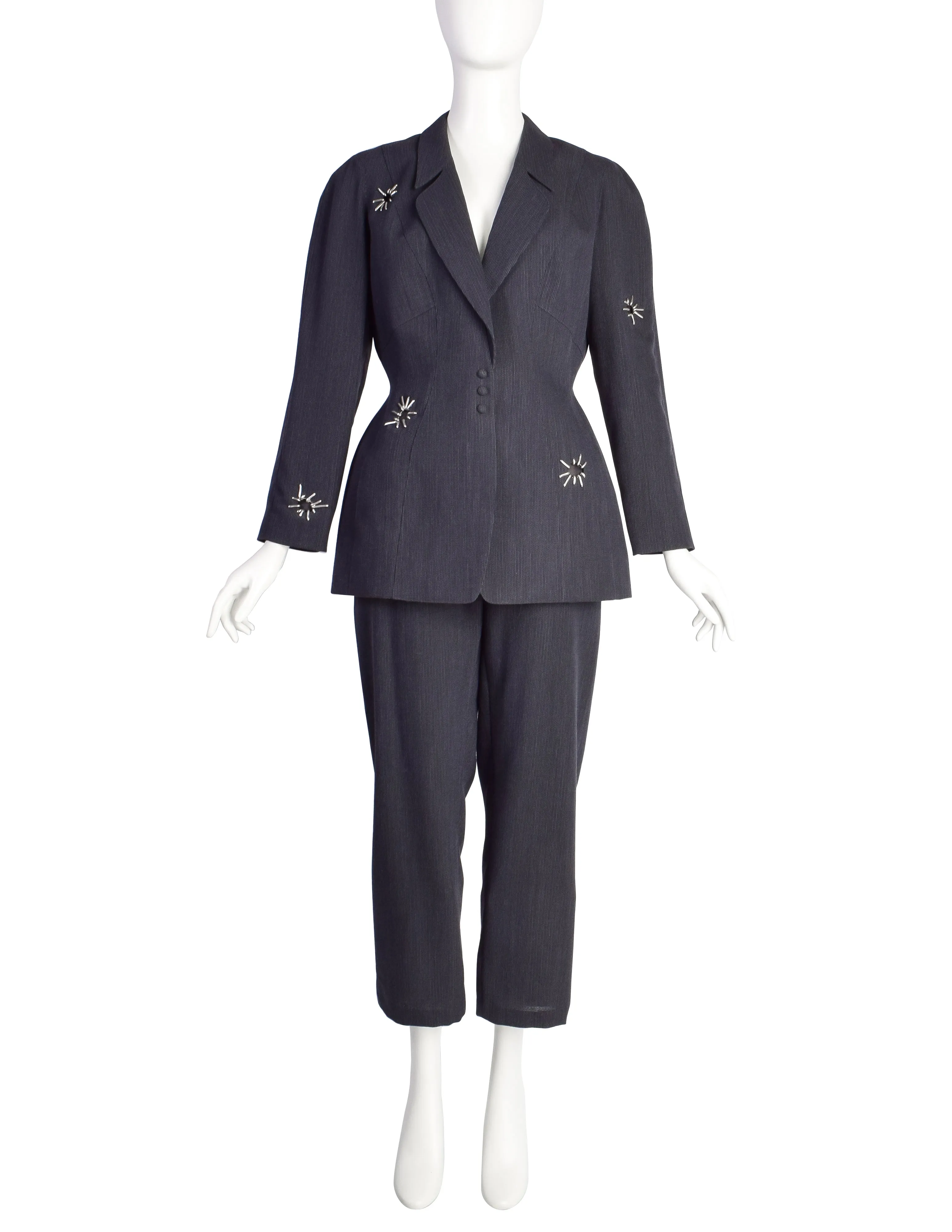 Thierry Mugler Vintage 1990s Bluish Grey Metal Embellished Wool Jacket Pant Suit