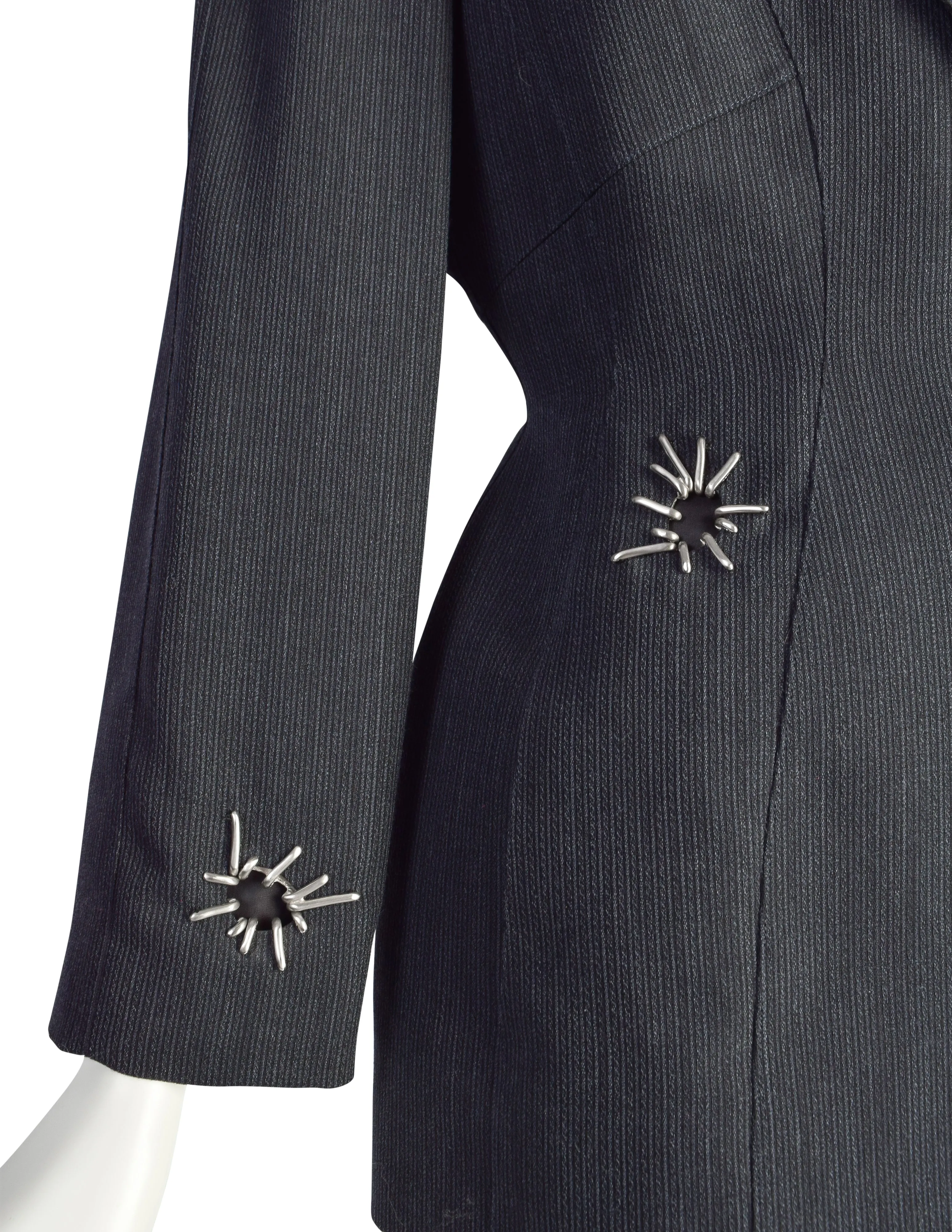 Thierry Mugler Vintage 1990s Bluish Grey Metal Embellished Wool Jacket Pant Suit