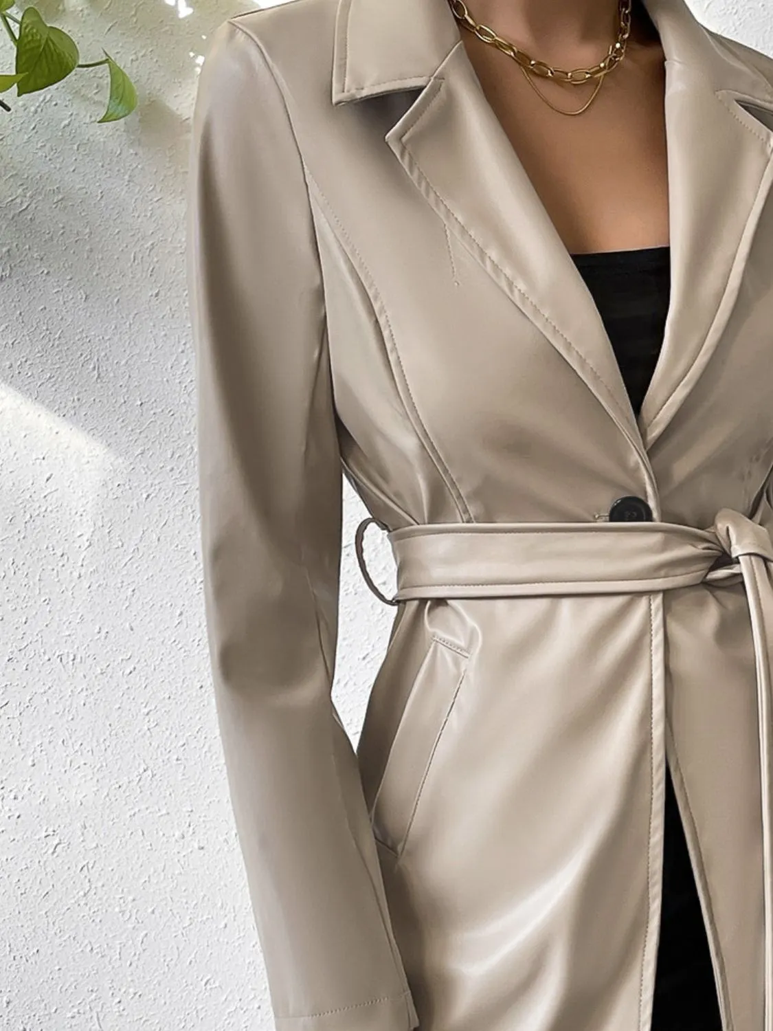 Tied PU Leather Long Sleeve Trench Coat