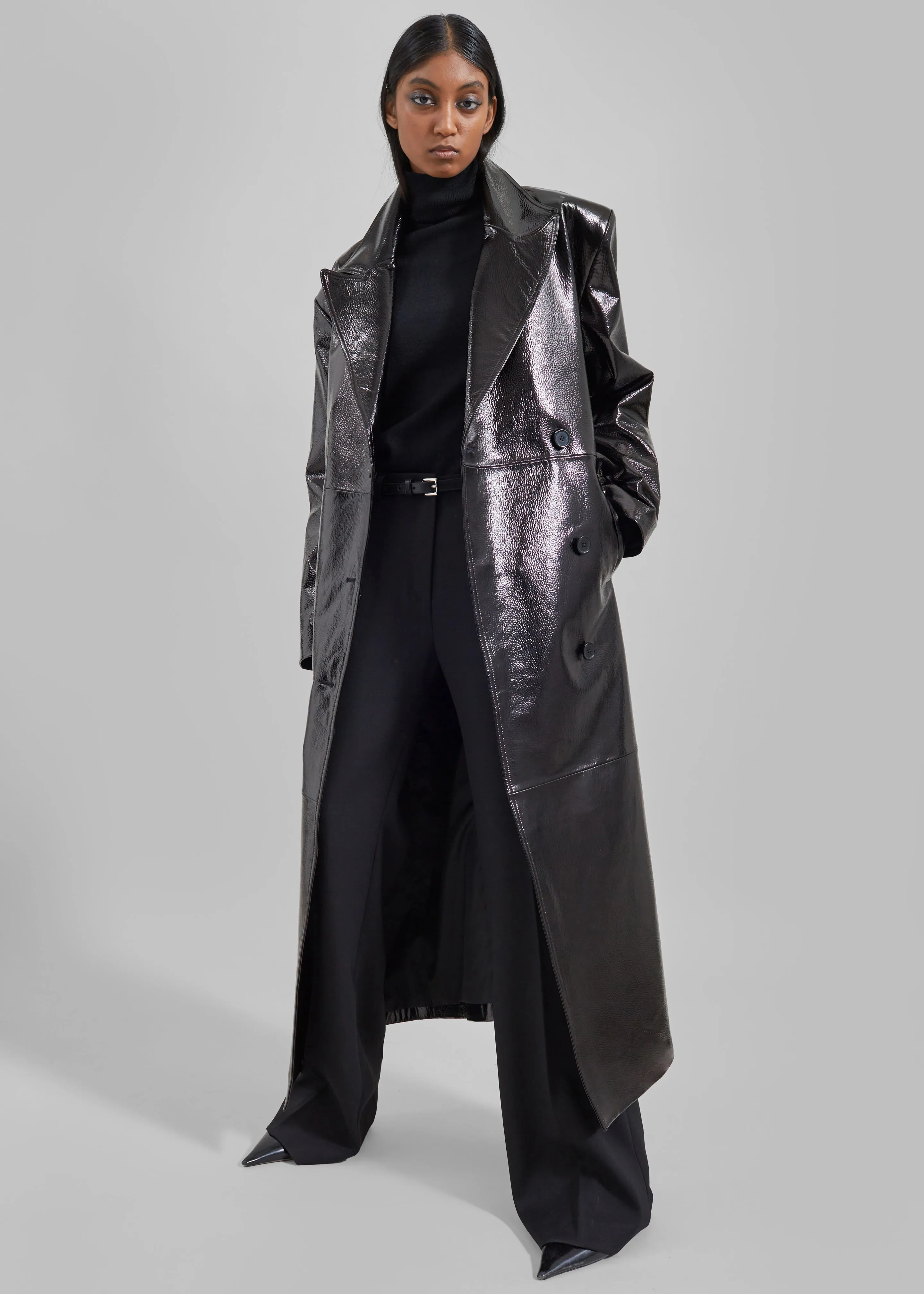 Tina Crackled Faux Leather Trench Coat - Black