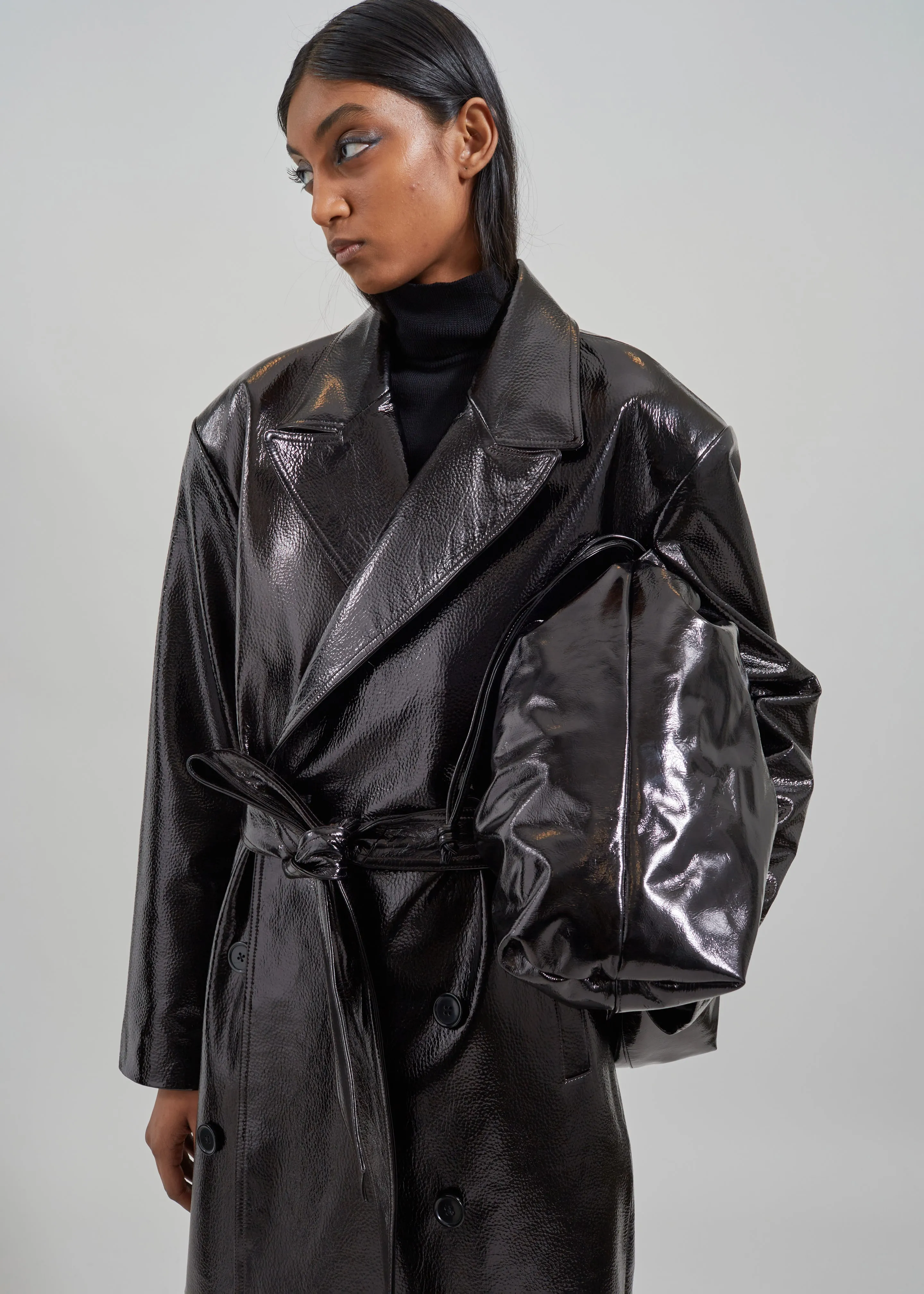 Tina Crackled Faux Leather Trench Coat - Black