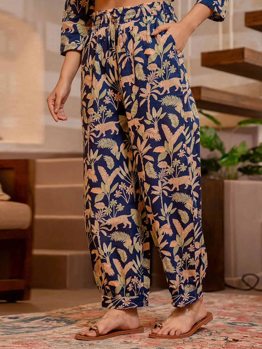 Tropical Cobalt Tiger Stripes Long Shirt & Patiala Co-Ord Set