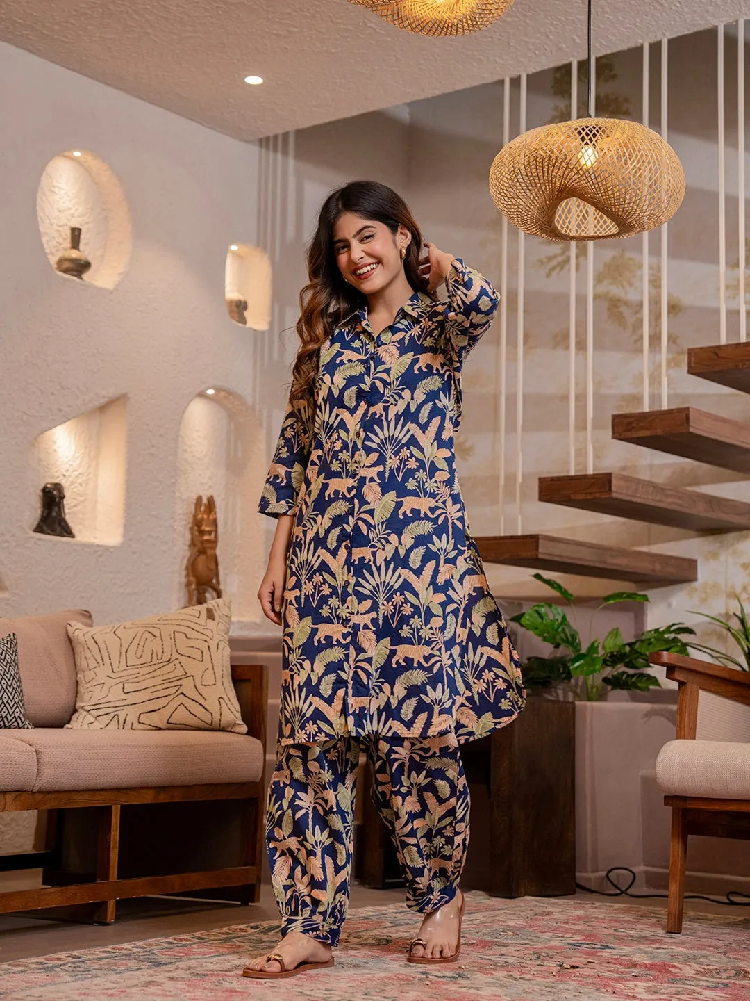 Tropical Cobalt Tiger Stripes Long Shirt & Patiala Co-Ord Set