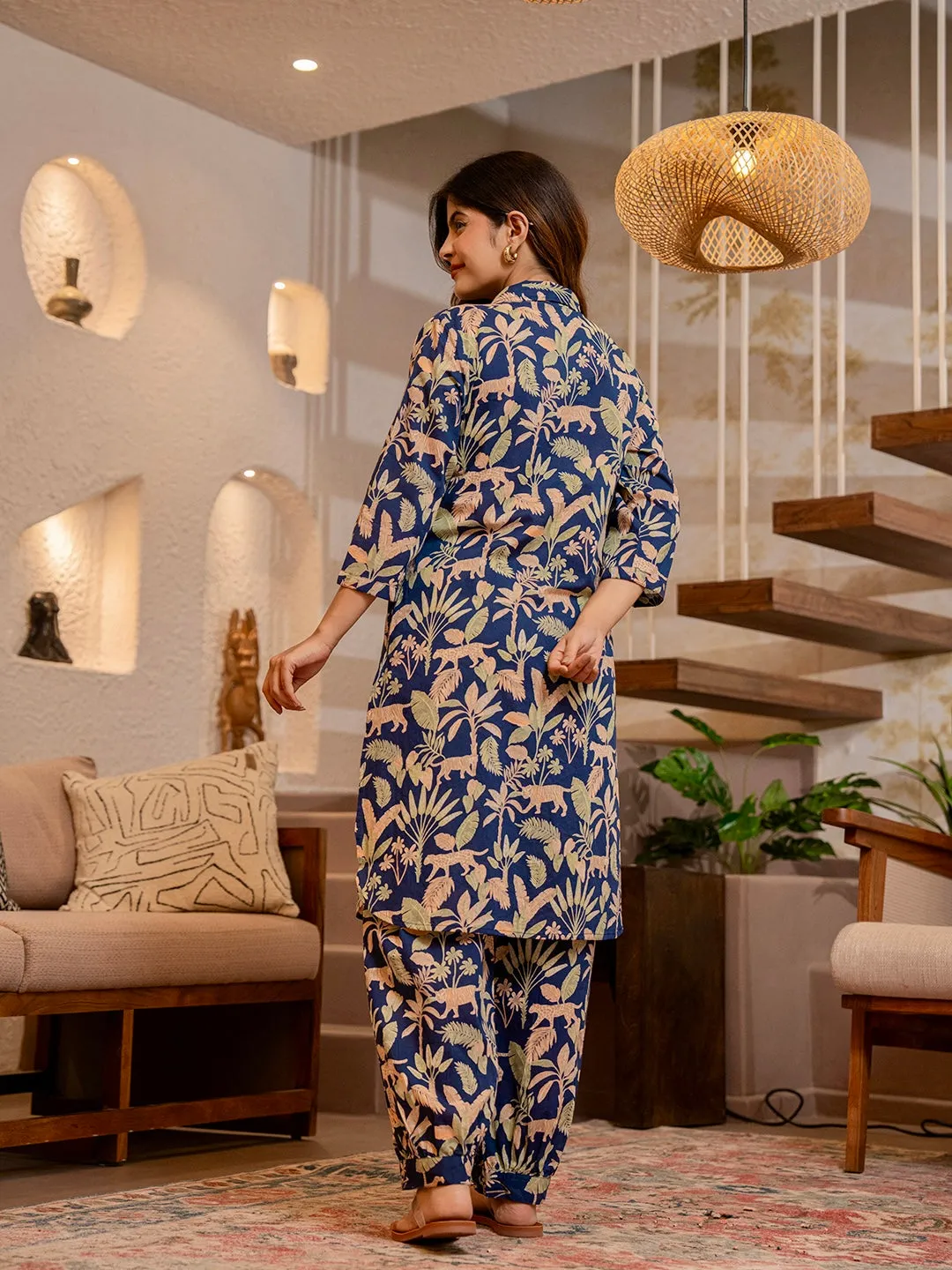 Tropical Cobalt Tiger Stripes Long Shirt & Patiala Co-Ord Set