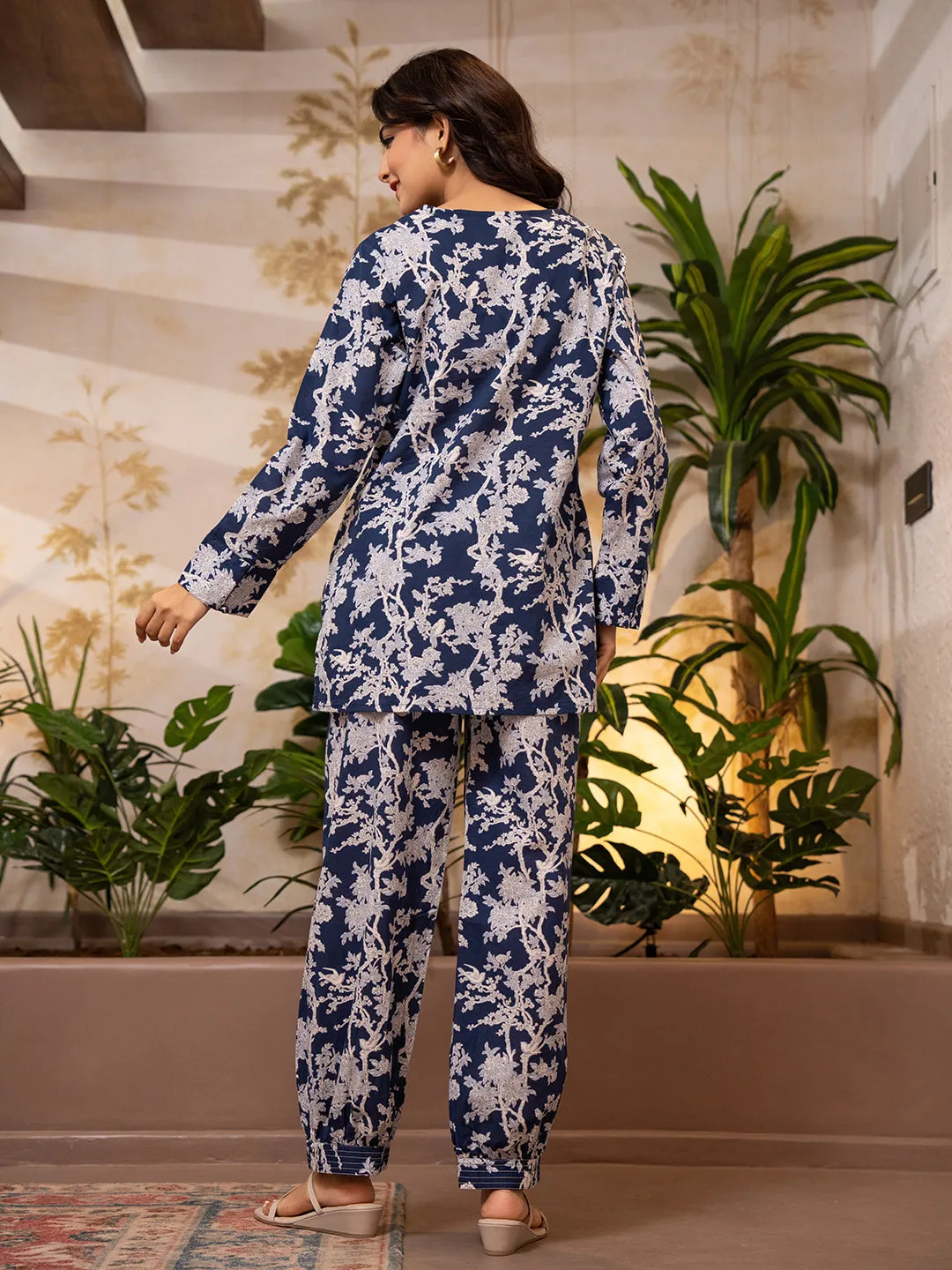 Tropical Deep Blue Jaal V-Neck Patiala Co-Ord Set