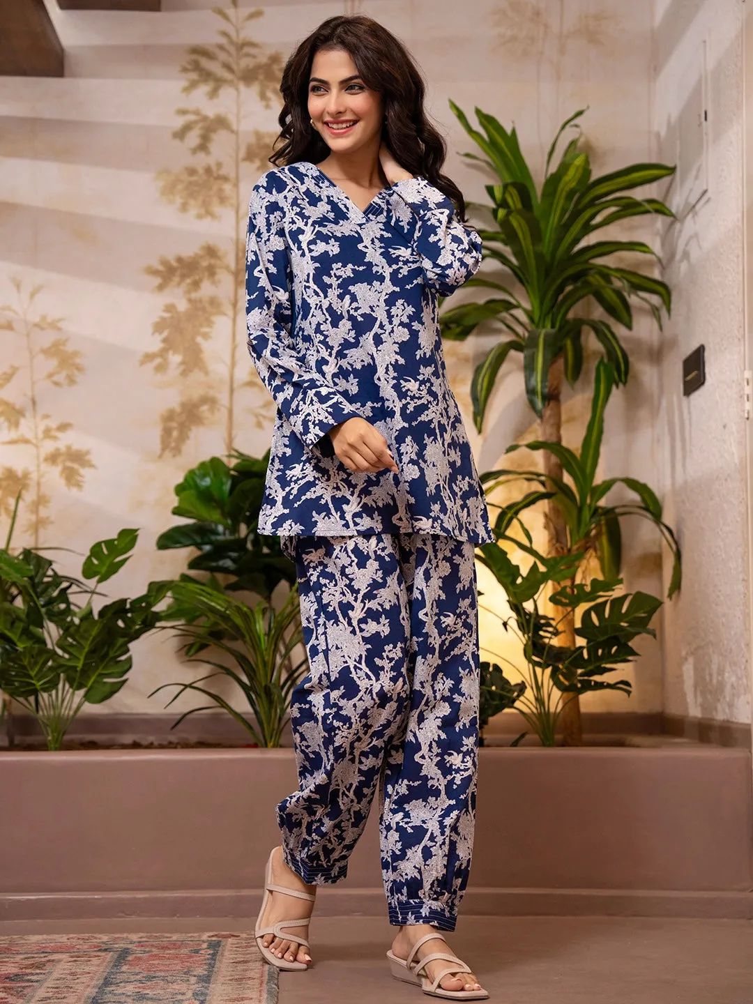 Tropical Deep Blue Jaal V-Neck Patiala Co-Ord Set