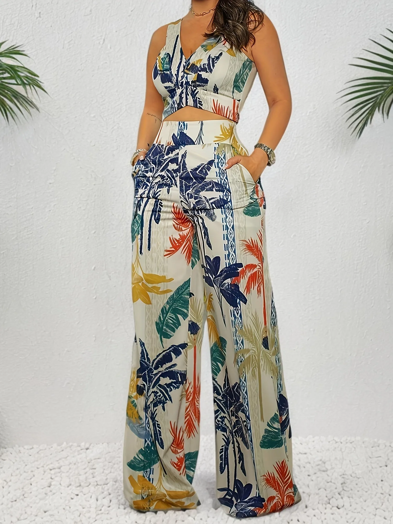 Tropical Plant Print Womens Two-piece Set - Flattering V Neck Sleeveless Top & High Waist Wide Leg Pants Outfit - Perfect Vacation Wardrobe Staple