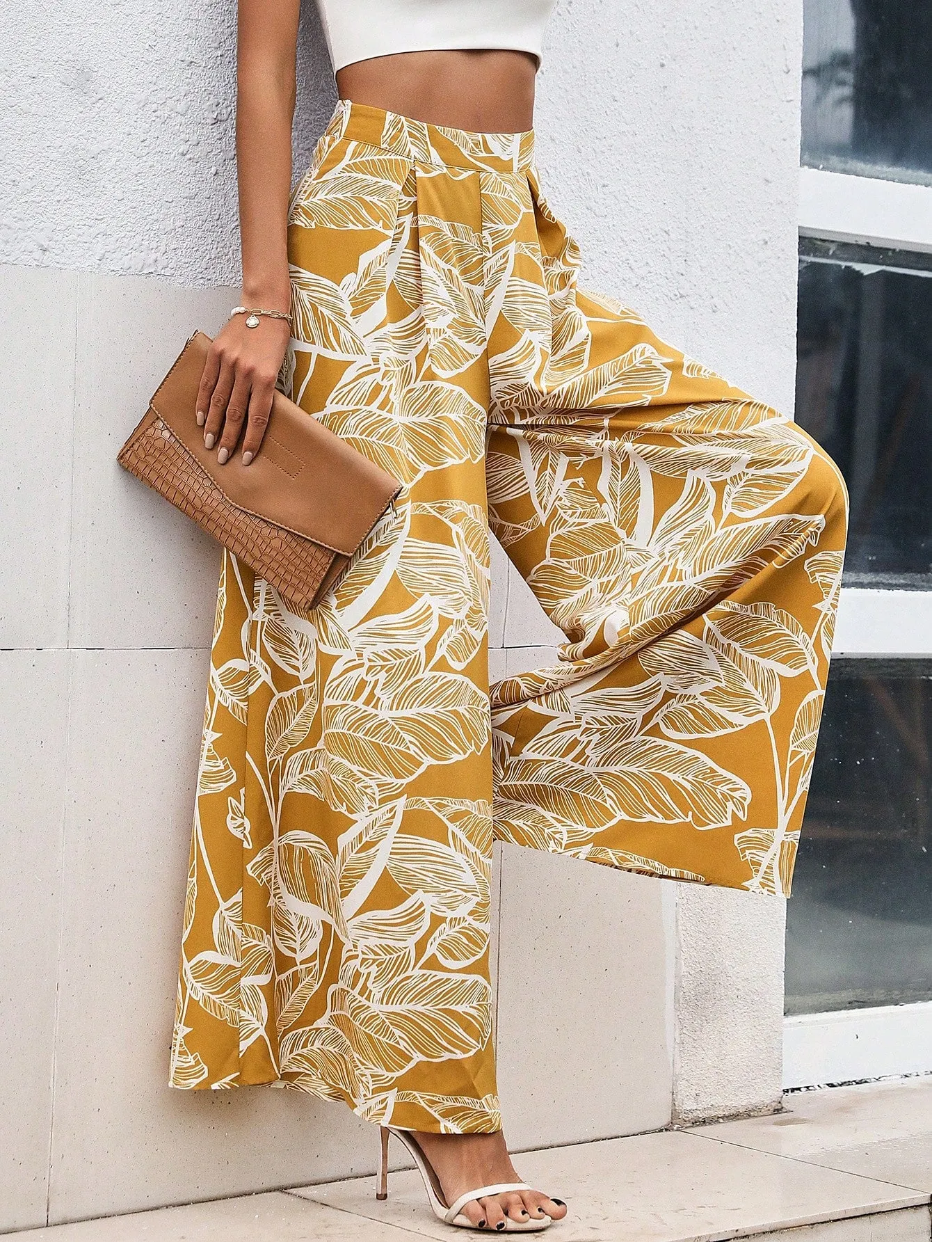 Tropical Print Wide Leg Pants