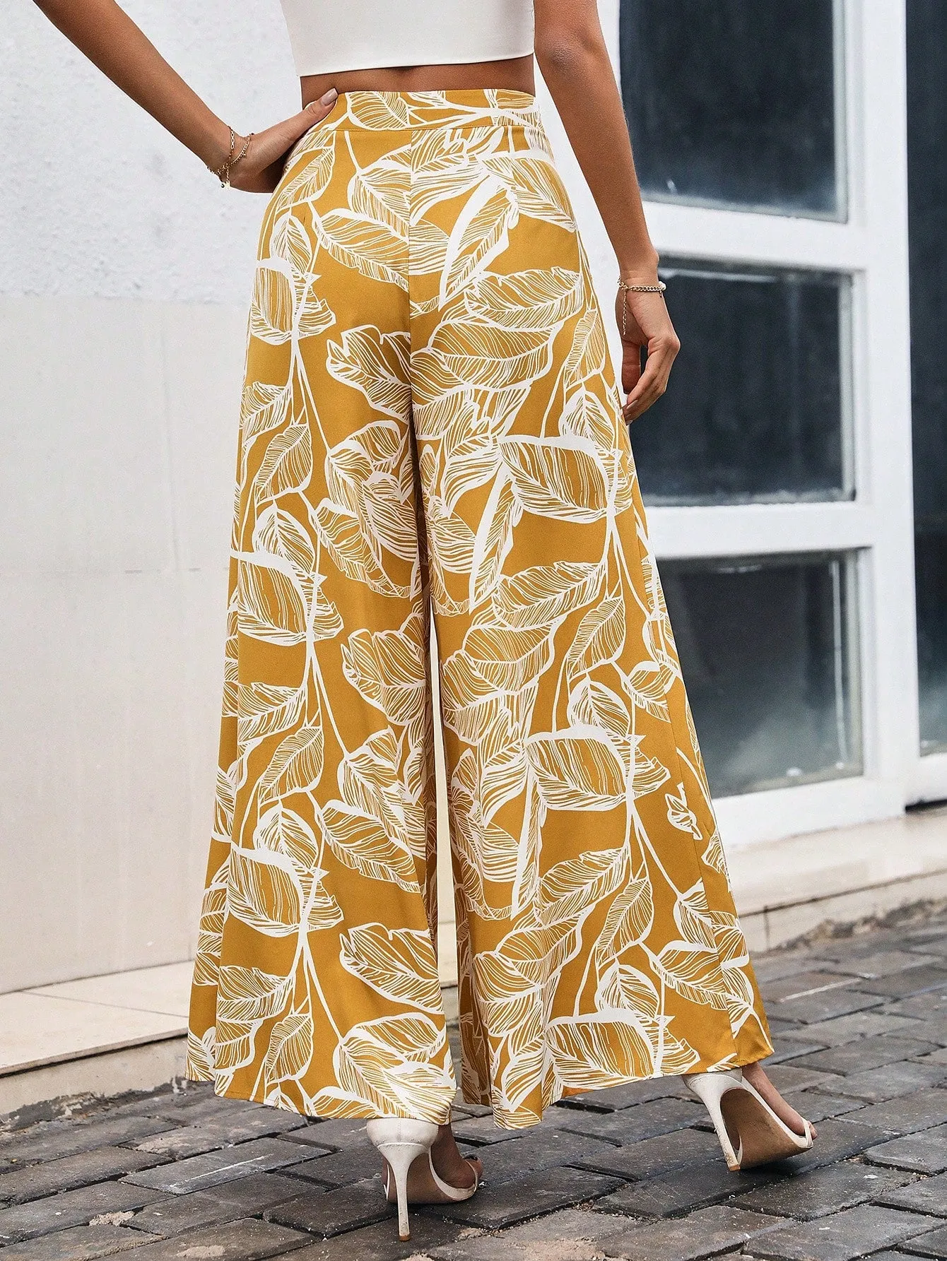 Tropical Print Wide Leg Pants