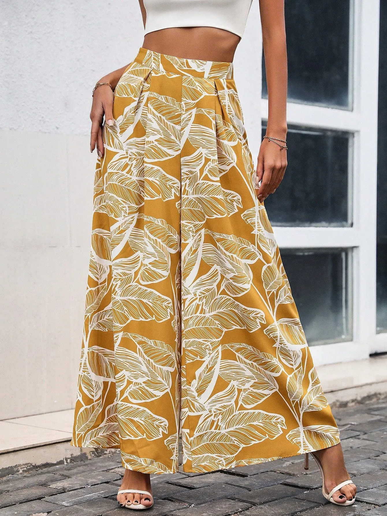 Tropical Print Wide Leg Pants