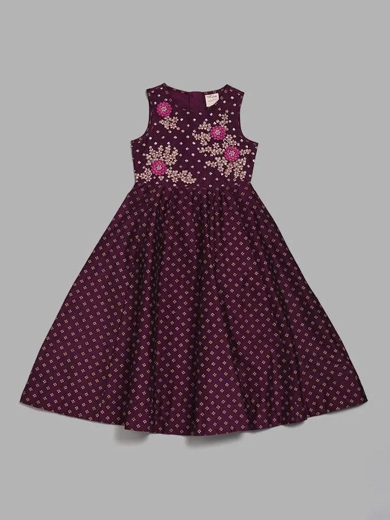 Utsa Kids by Dark Purple Floral Embroidered Maxi Dress (2 - 8yrs)