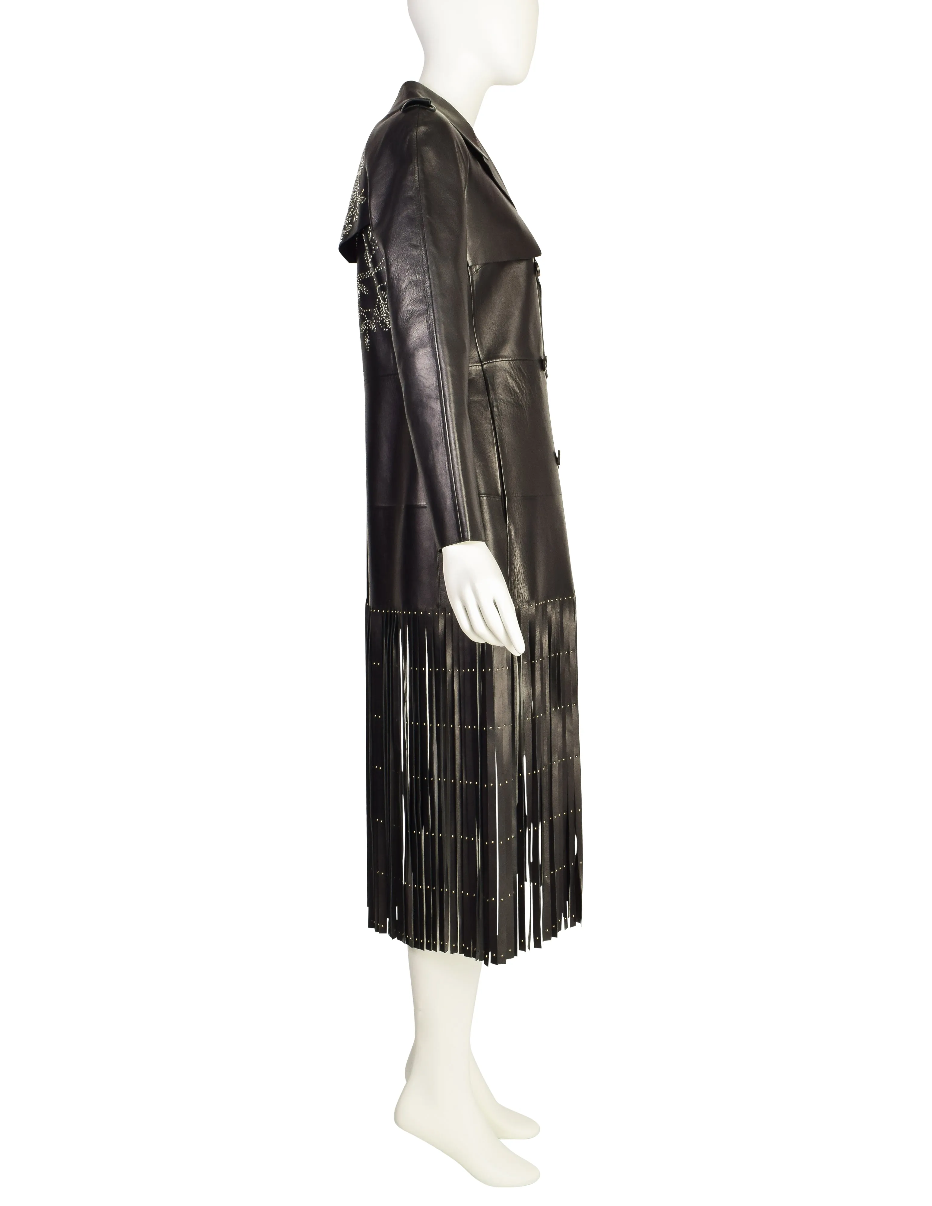 Valentino Resort 2015 REMARKABLE Black Leather Gold & Silver Studded 'Tree of Life' Fringe Trench Coat