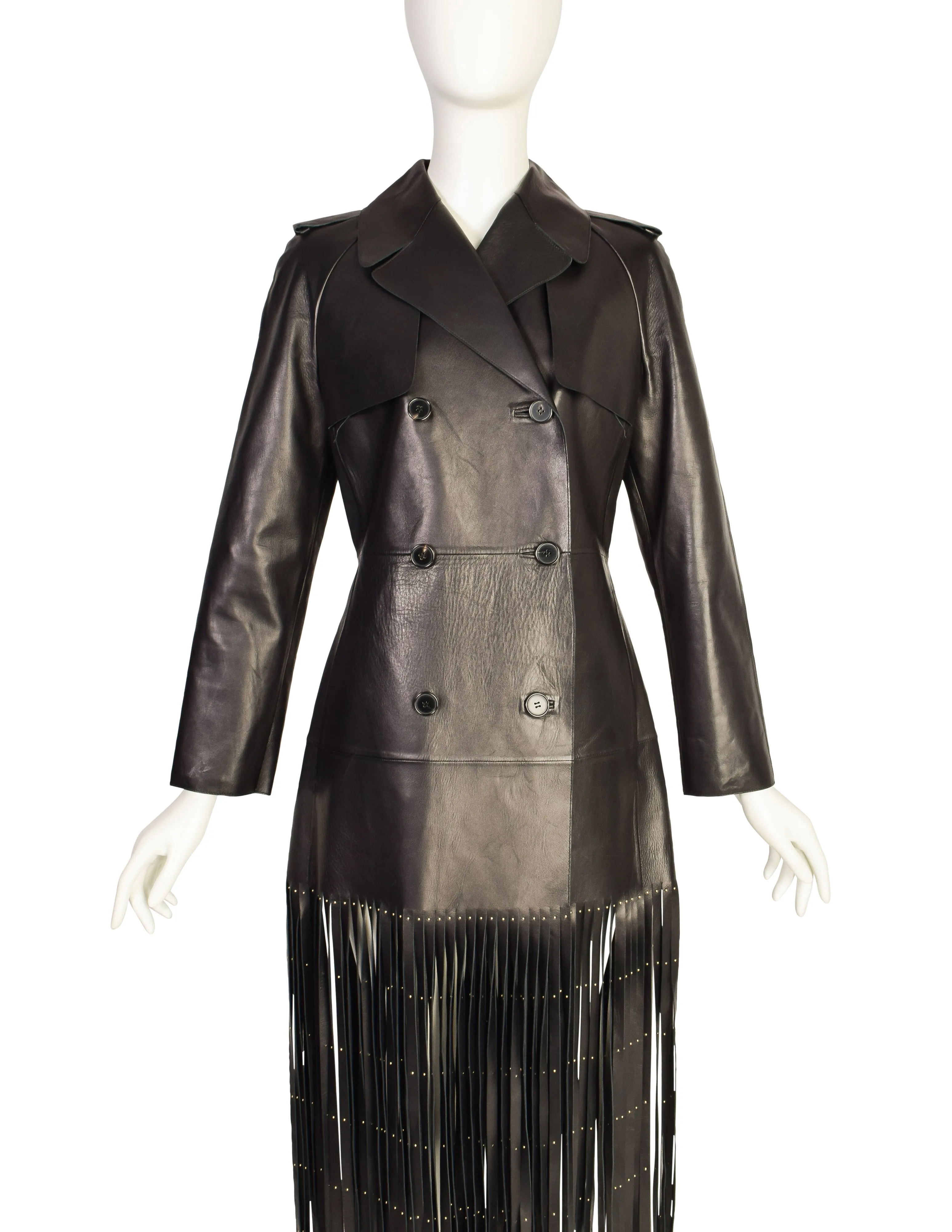 Valentino Resort 2015 REMARKABLE Black Leather Gold & Silver Studded 'Tree of Life' Fringe Trench Coat