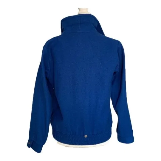 Vintage 1980s Blue Wool Bomber Jacket with Removable Capelet. Warm 2 in 1 Winter Coat.