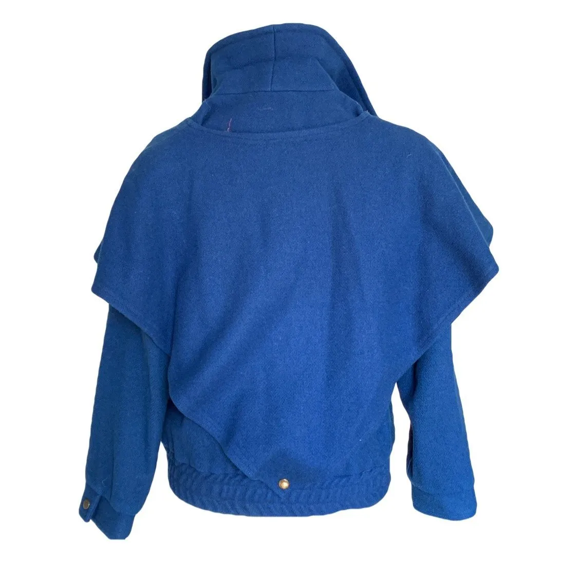 Vintage 1980s Blue Wool Bomber Jacket with Removable Capelet. Warm 2 in 1 Winter Coat.