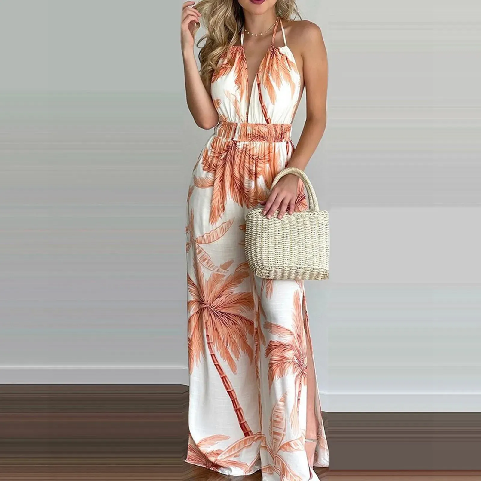 Vintage Boho Floral Print Sleeveless V-neck Halter Backless Slit Wide Leg Summer Tropical Women Set