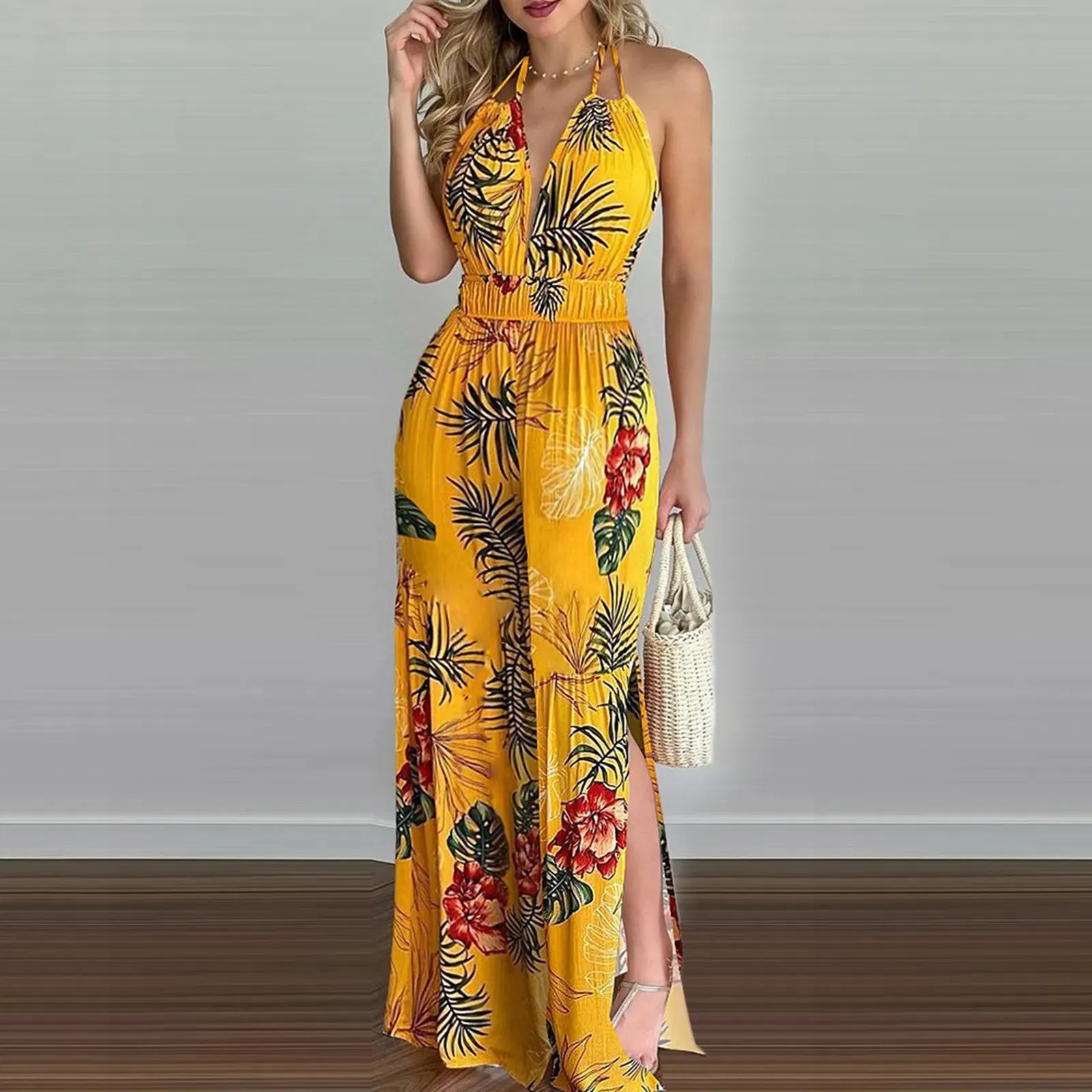 Vintage Boho Floral Print Sleeveless V-neck Halter Backless Slit Wide Leg Summer Tropical Women Set