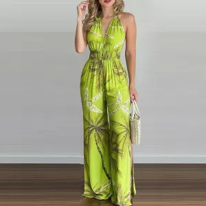 Vintage Boho Floral Print Sleeveless V-neck Halter Backless Slit Wide Leg Summer Tropical Women Set