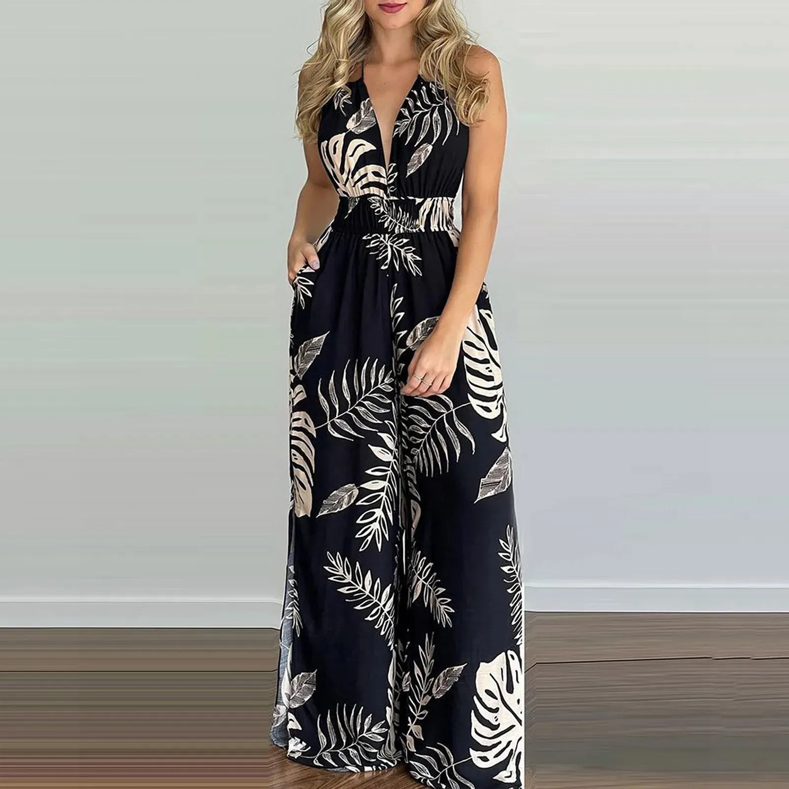 Vintage Boho Floral Print Sleeveless V-neck Halter Backless Slit Wide Leg Summer Tropical Women Set