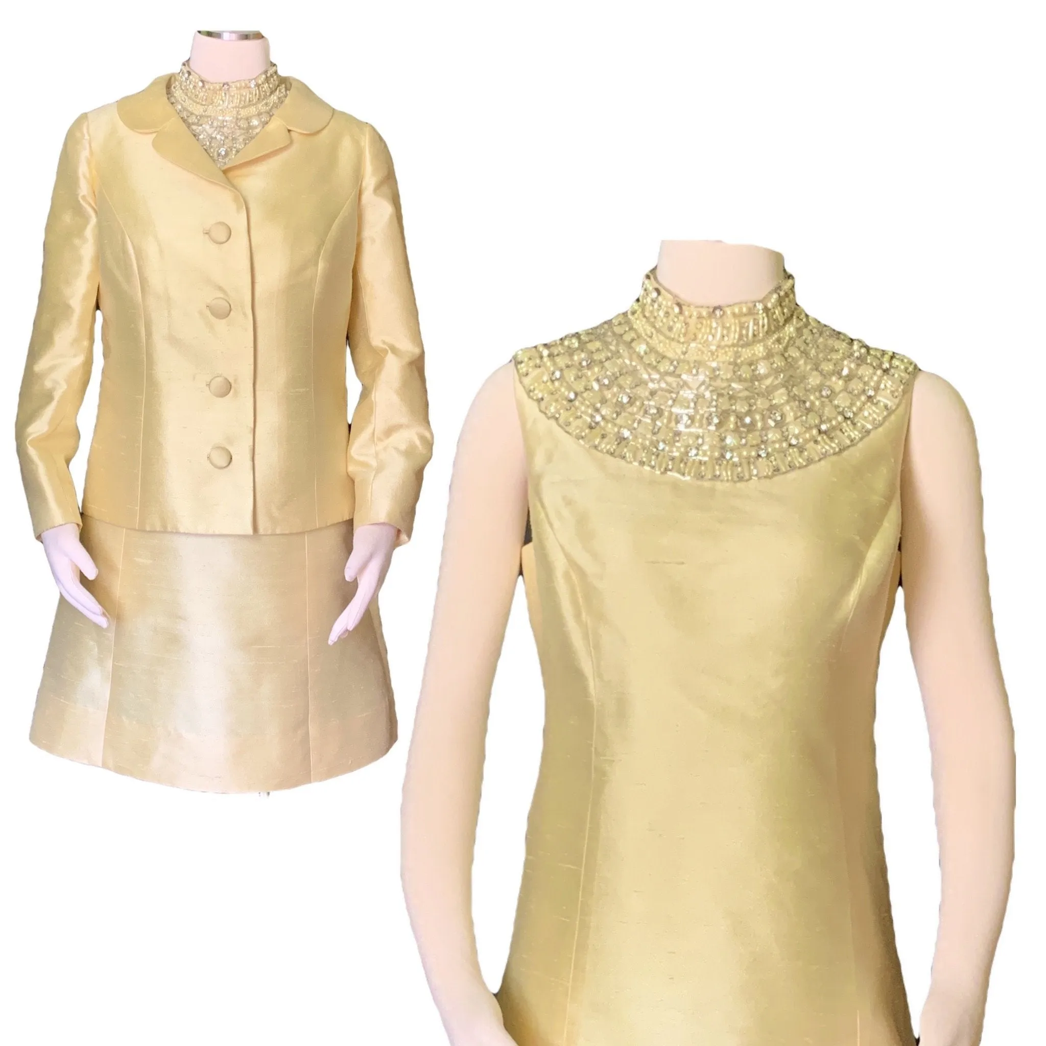 Vintage Dress and Jacket in Yellow with a Jewelled Collar by Jack Bryan. Mother of the Bride Wedding Attire.