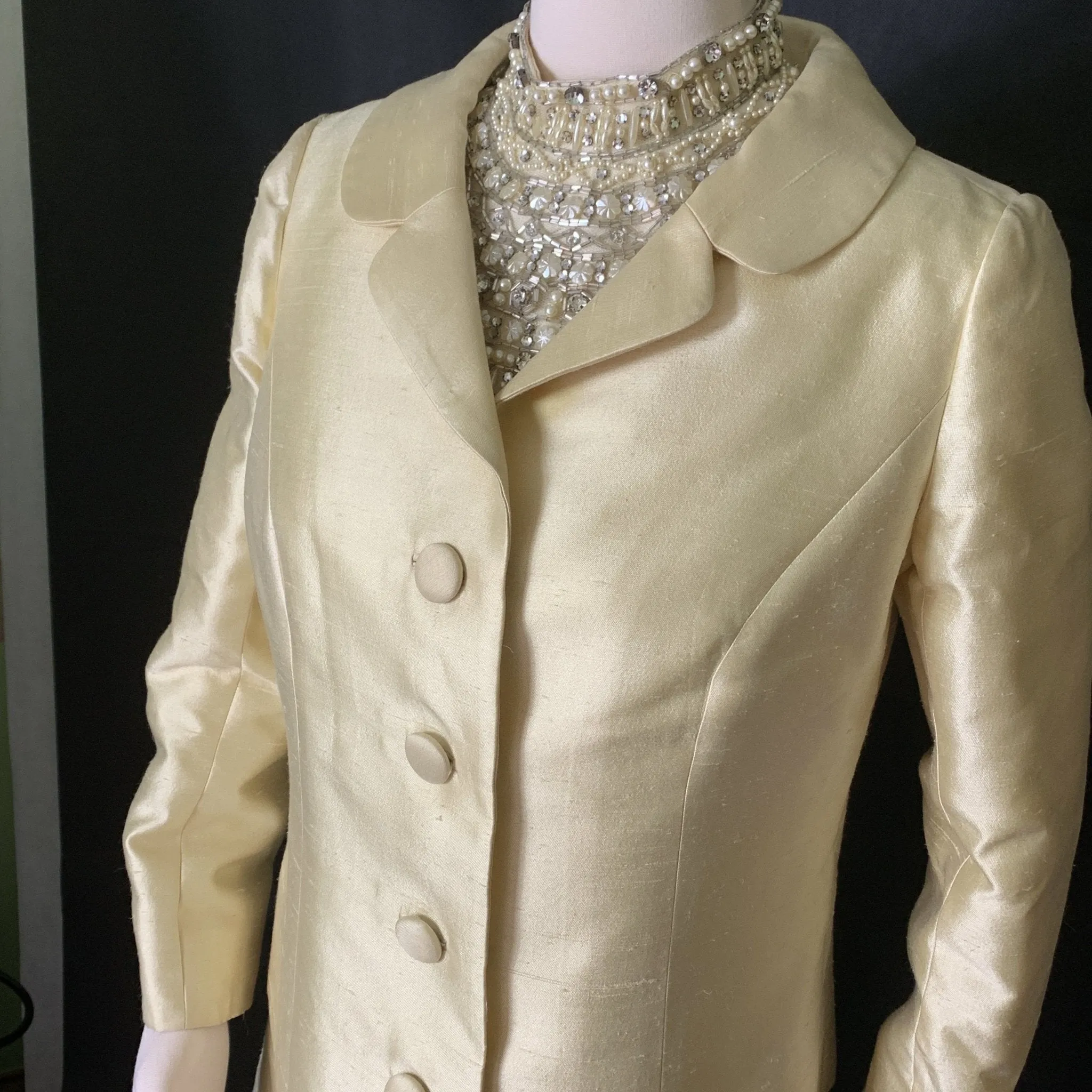 Vintage Dress and Jacket in Yellow with a Jewelled Collar by Jack Bryan. Mother of the Bride Wedding Attire.