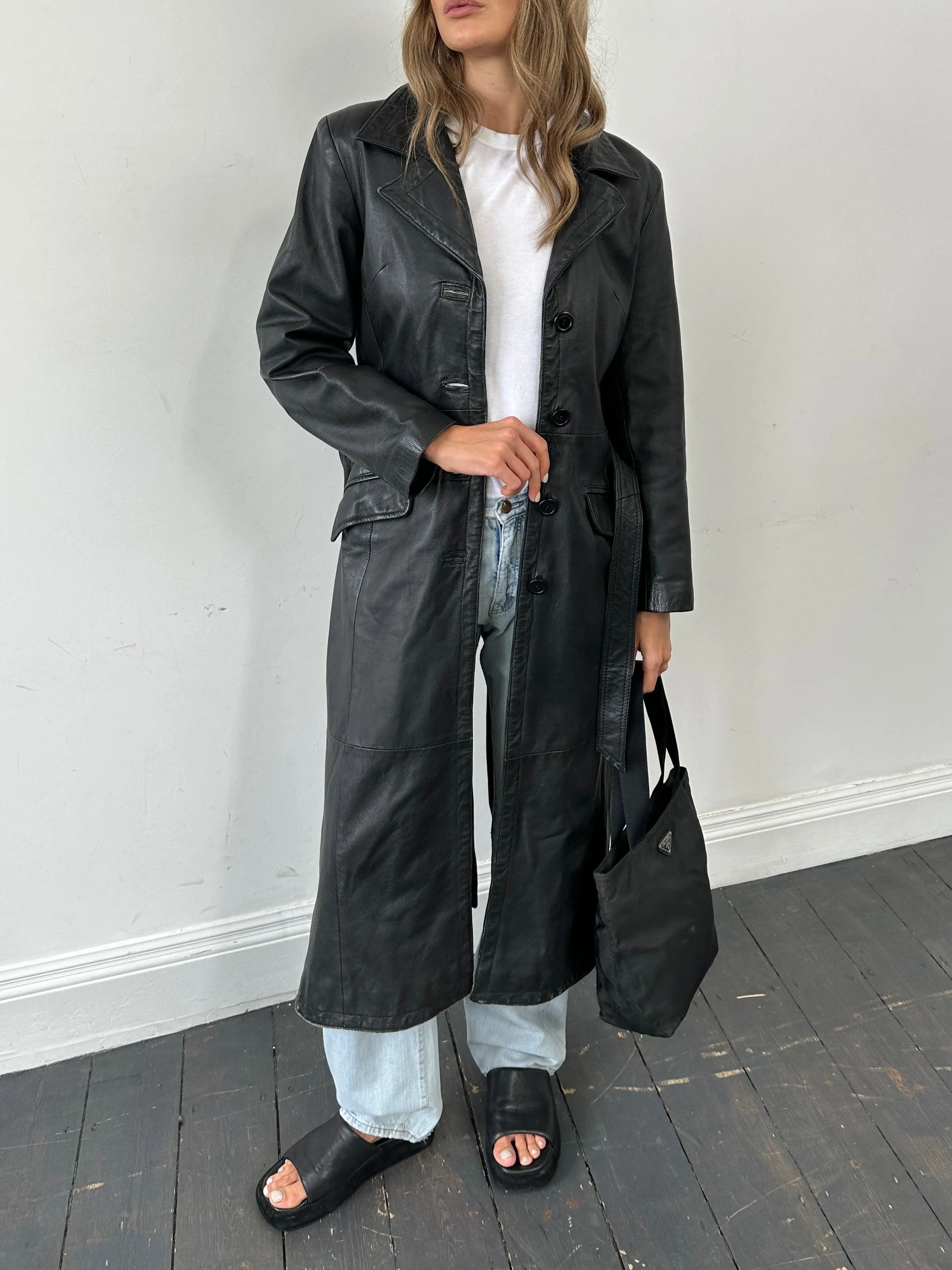 Vintage Floor Length Leather Belted Trench Coat - S