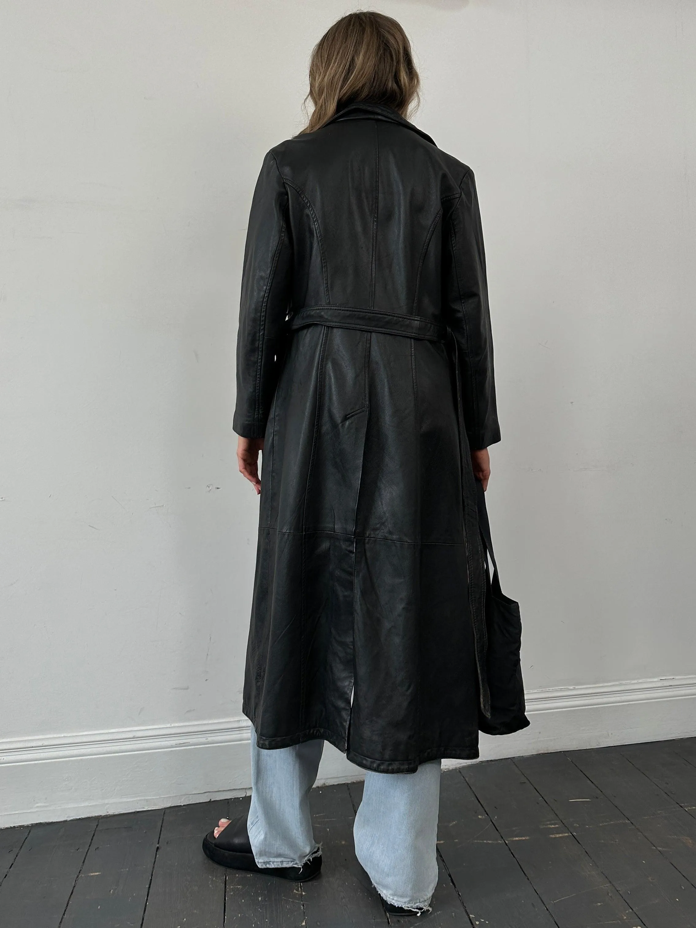 Vintage Floor Length Leather Belted Trench Coat - S