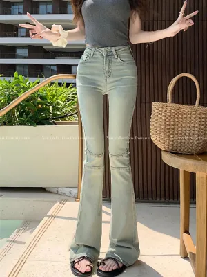 Vintage Light Blue Rivet Slim-fit Flared Mom Jeans