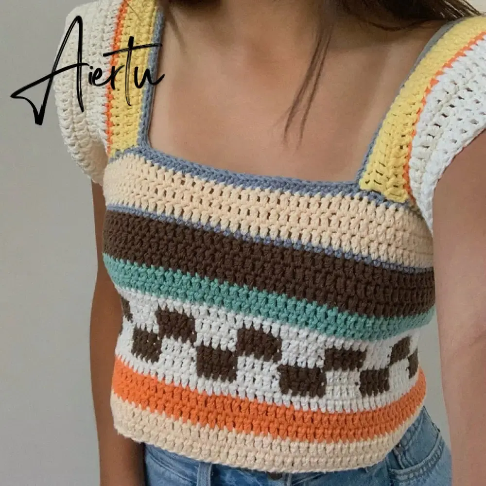 Vintage Patchwork Knitted Sweater Vest Y2K Aesthetic Ruffles Tank Top 90s 00s Retro Square Collar Crop Top Women Kawaii Clothes