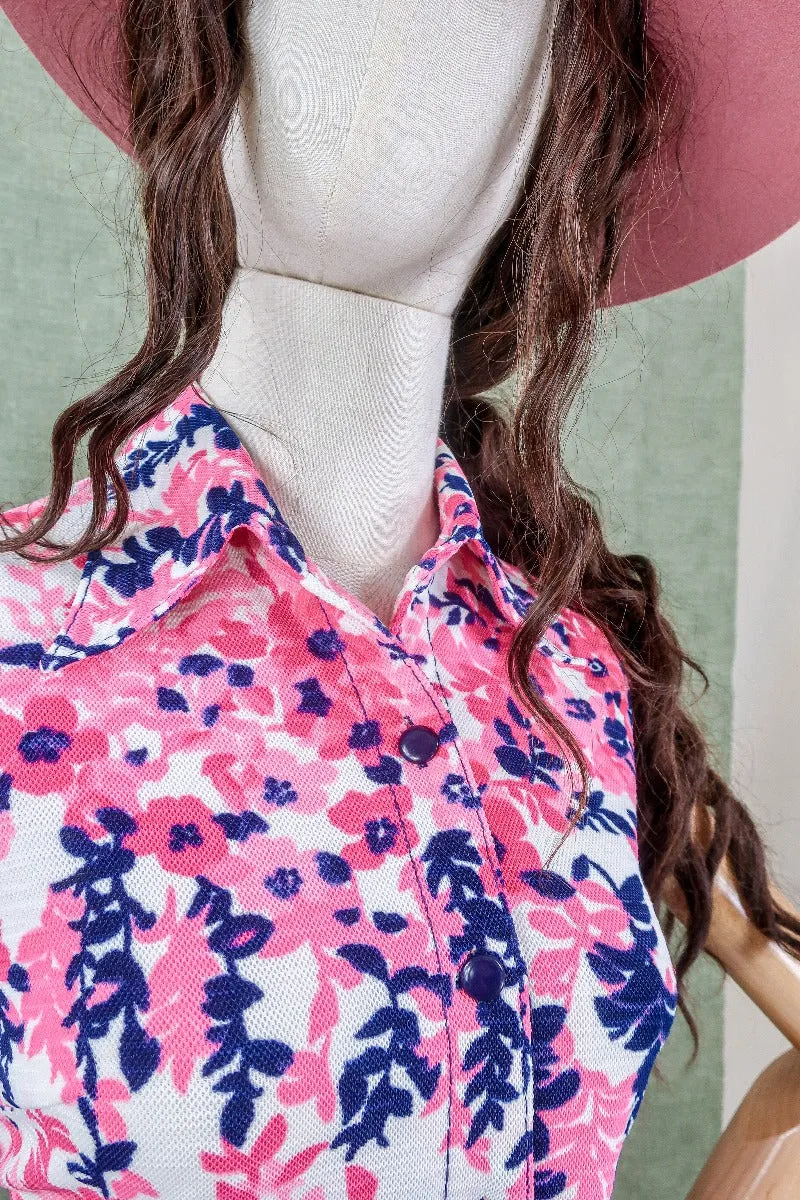 Vintage Top - Pink Pansies Sleeveless Tunic - Size S