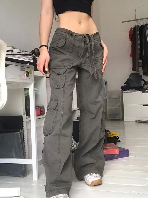 Wenkouban Faded gray 90s vintage cargo pants with cargo pockets