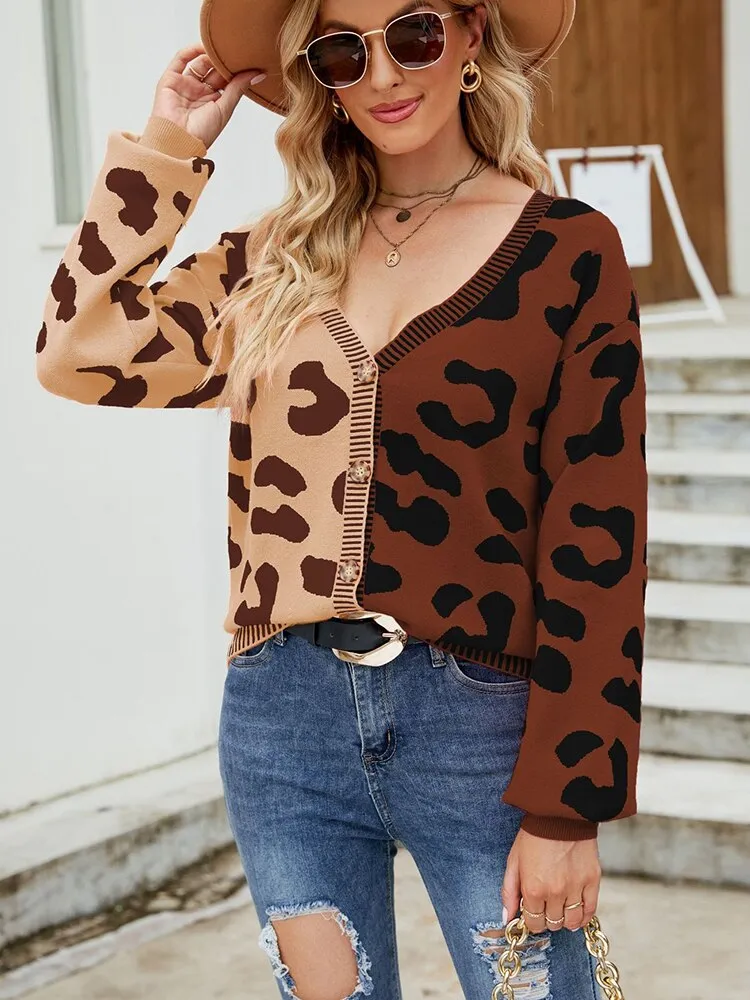 Wenkouban Fall Winter Leopard Cardigans Casual Printed Women Knitted Sweater Loose Button Knitwear V-Neck Warm Cardigan For Women Sweater