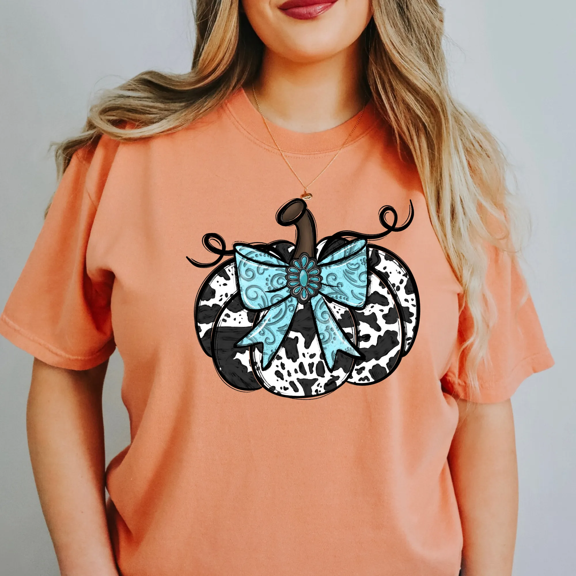 Western Cow Print and Turquoise Pumpkin Shirt