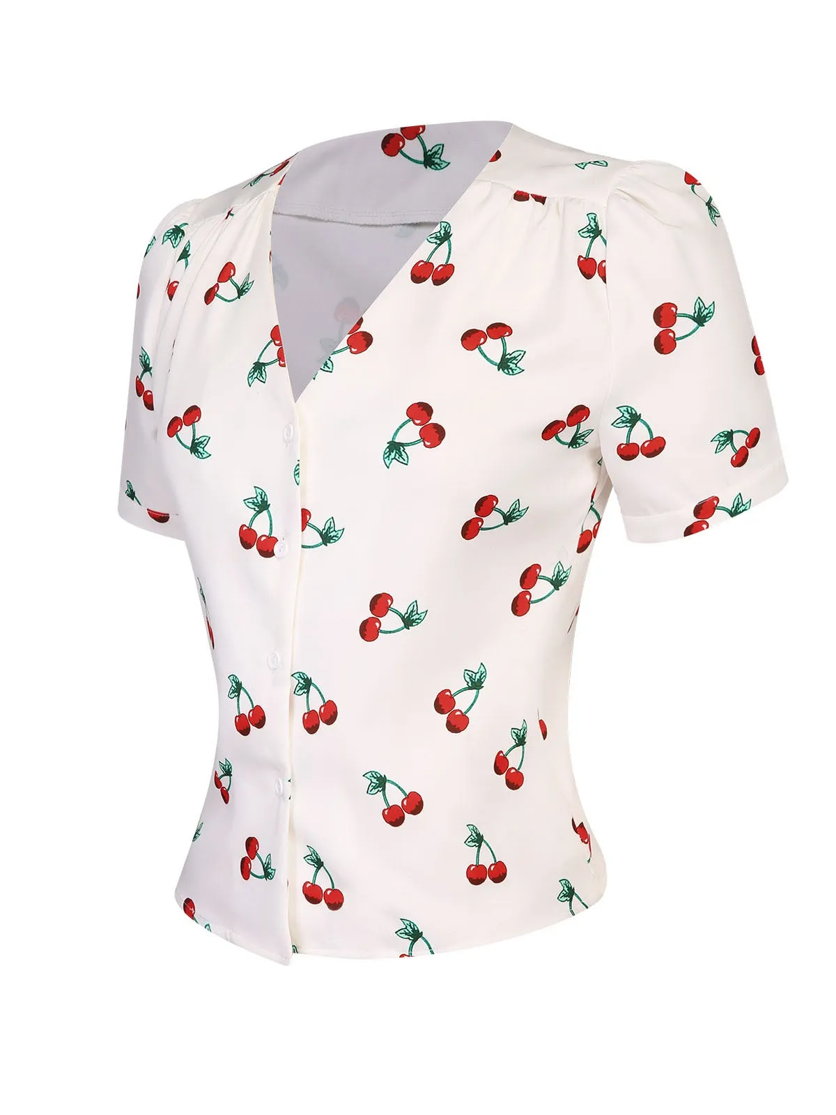 White 1950s Cherry Buttoned V-Neck Blouse