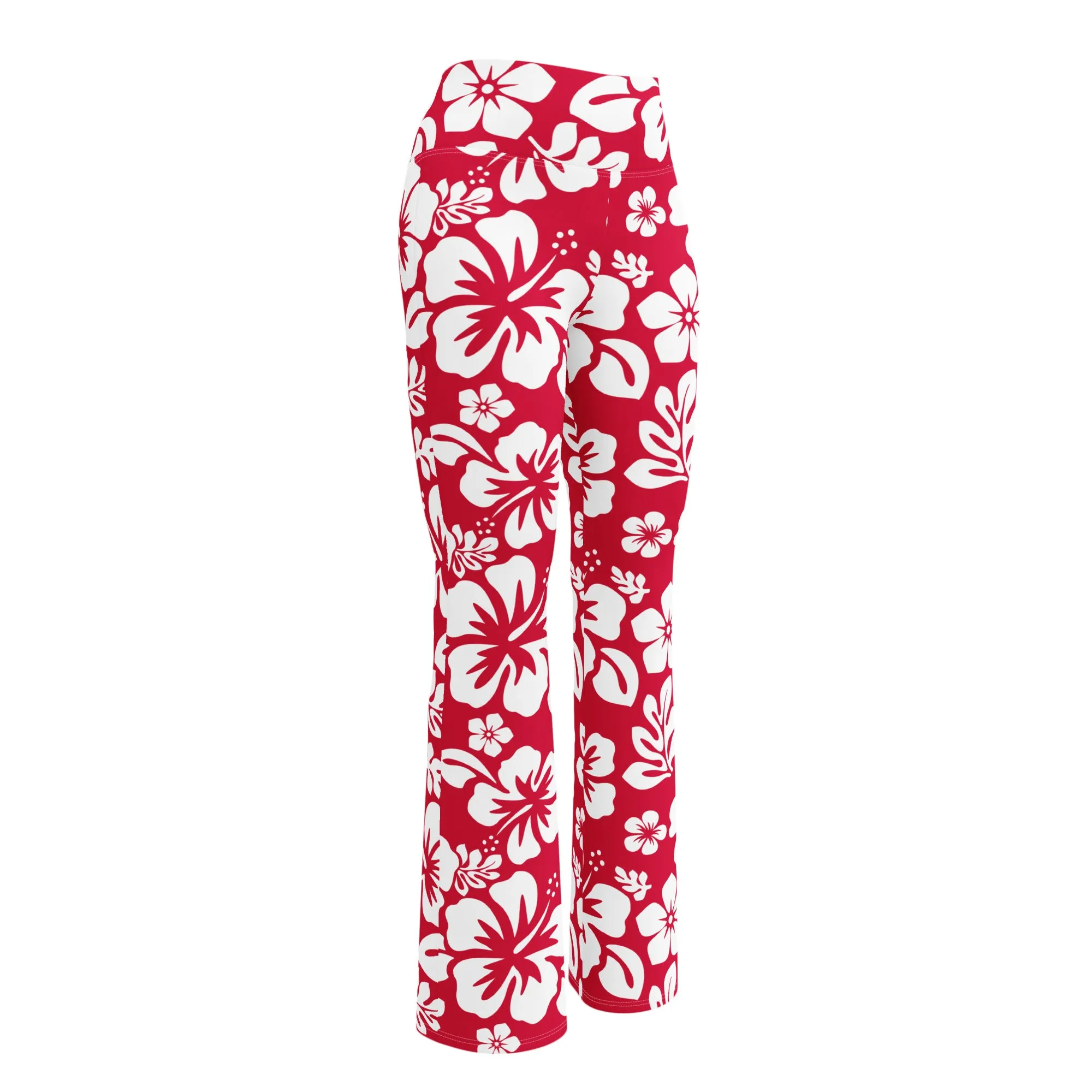 White and Red Hawaiian Flowers Flare Leggings