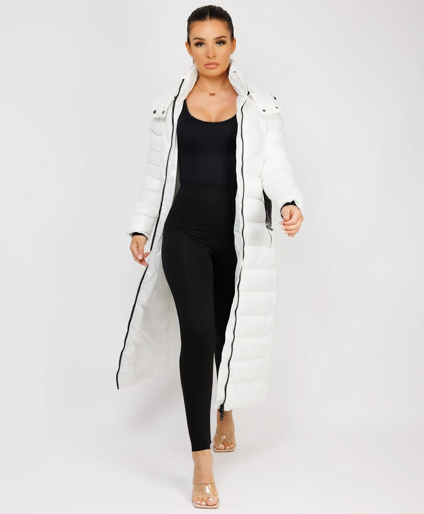 White Long Padded Puffer Trench Coat Jacket With Hood & Belt