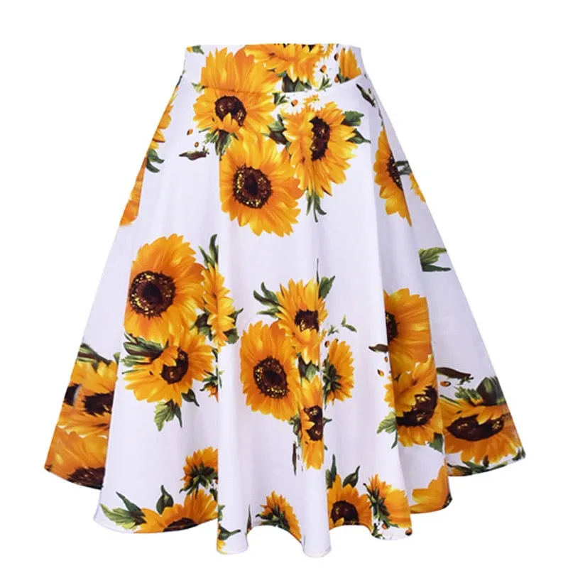 White Sunflower Cotton Casual Midi Skirt Plus Size 50s High Waist Retro Vintage Women's Swing Pinup Skirts Beach Boho Sundress