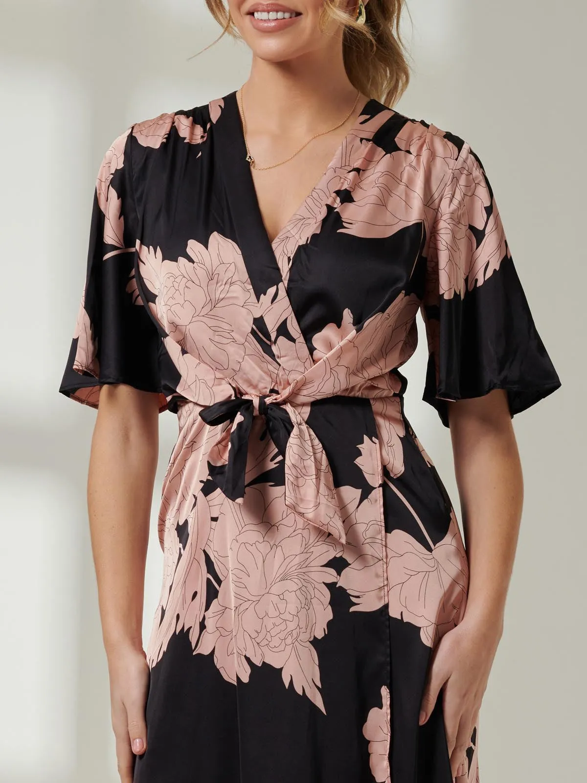 Willow Satin Wrap Tie Waist Dress, Black Pink Floral