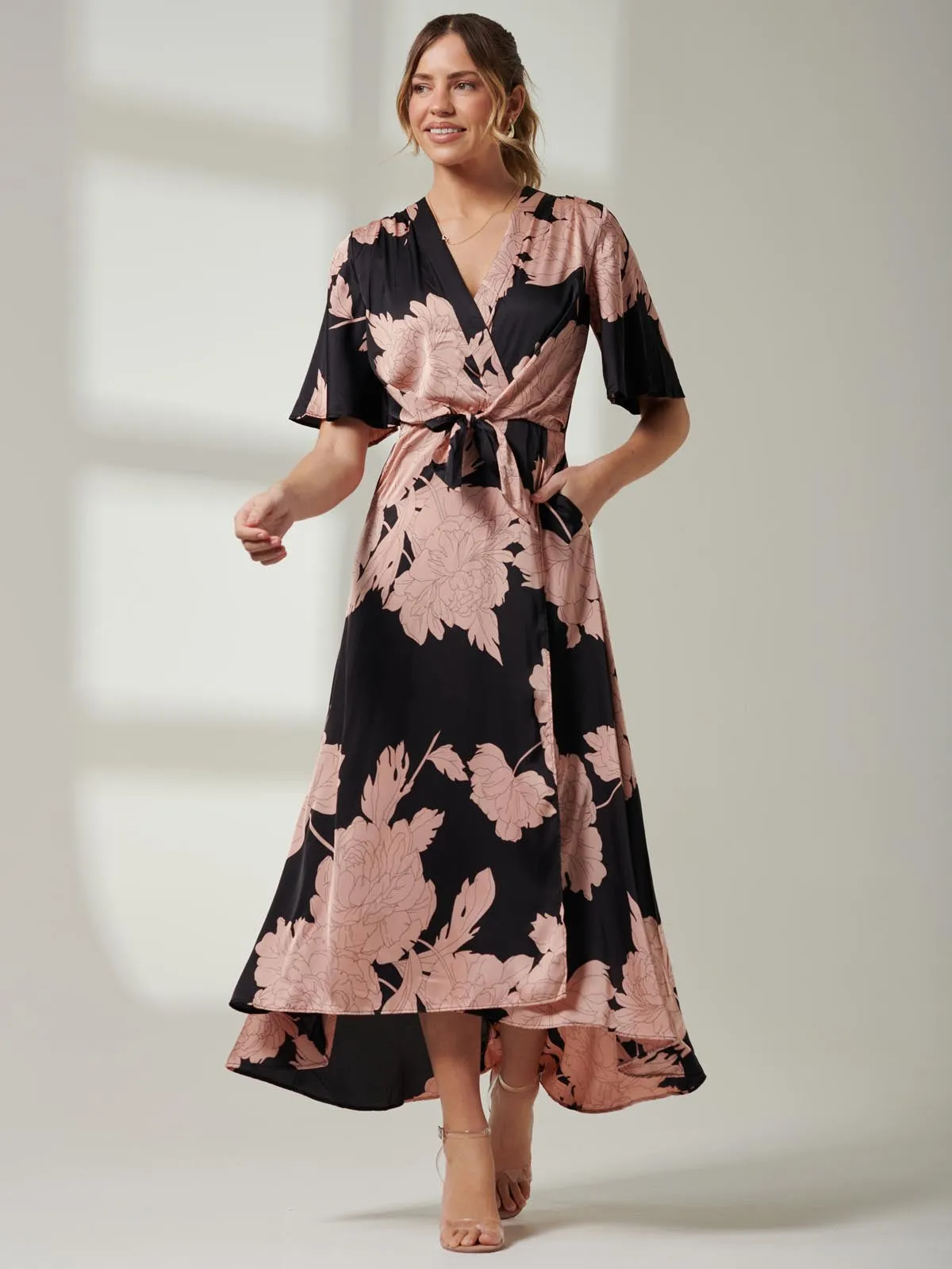 Willow Satin Wrap Tie Waist Dress, Black Pink Floral