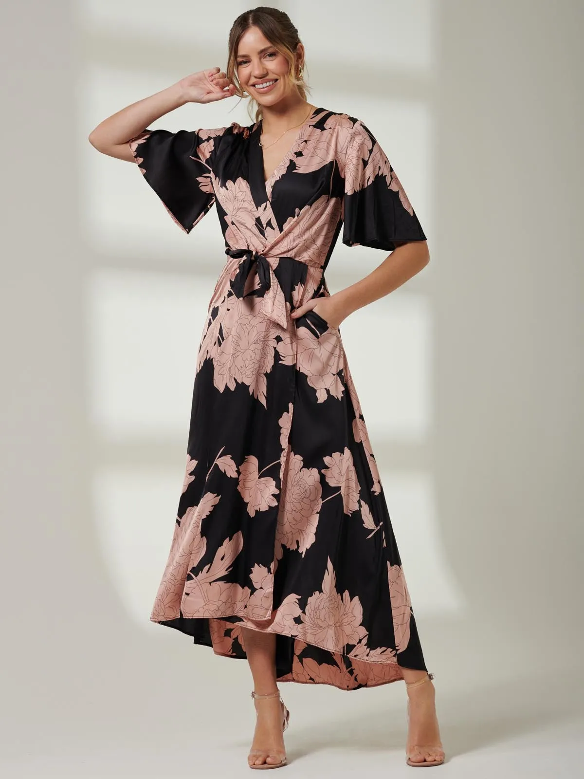 Willow Satin Wrap Tie Waist Dress, Black Pink Floral