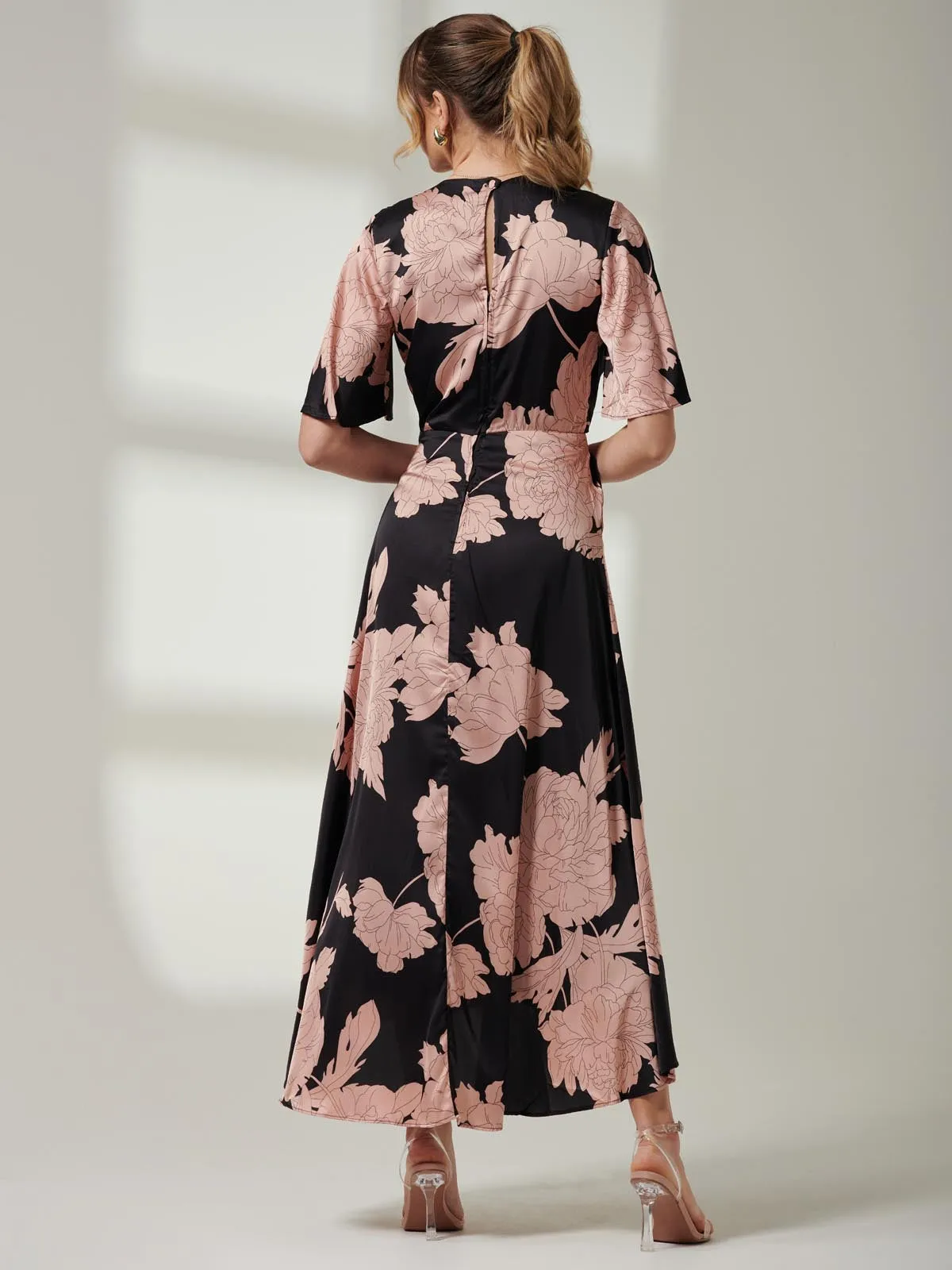 Willow Satin Wrap Tie Waist Dress, Black Pink Floral