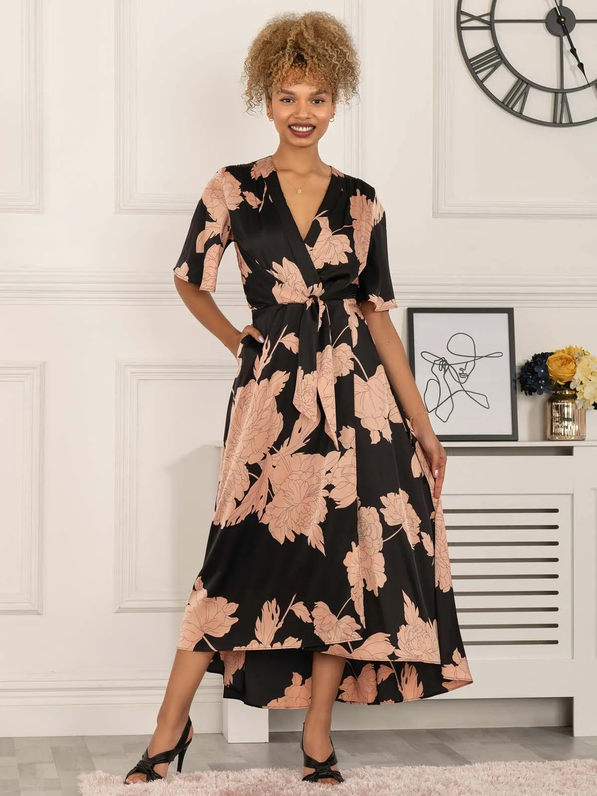 Willow Satin Wrap Tie Waist Dress, Black Pink Floral