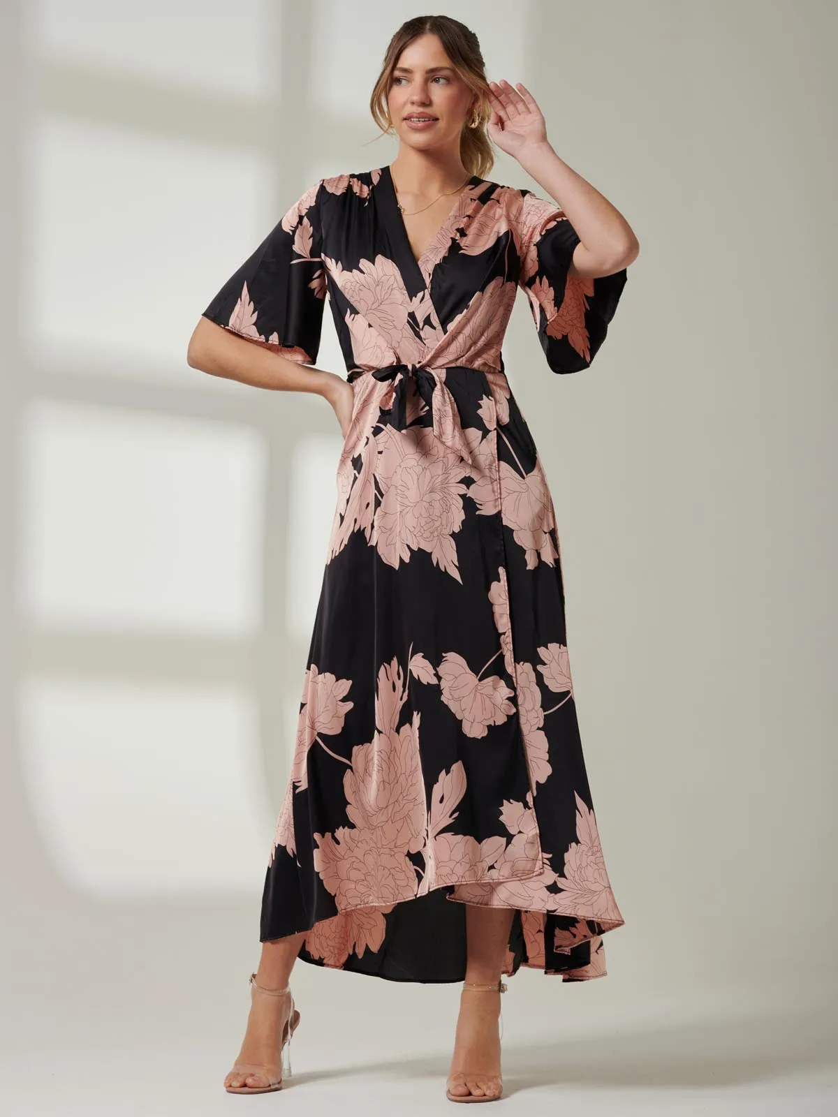 Willow Satin Wrap Tie Waist Dress, Black Pink Floral