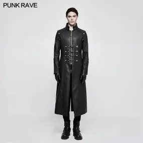 Winter Men Long Leather Punk Coat With Stand-up Collar