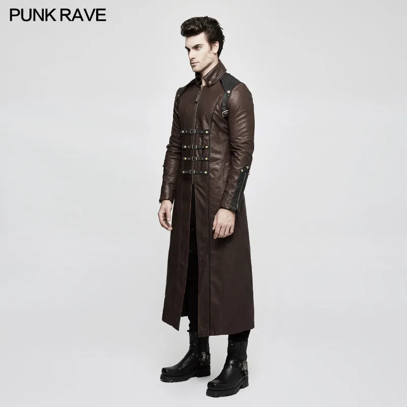 Winter Men Long Leather Punk Coat With Stand-up Collar