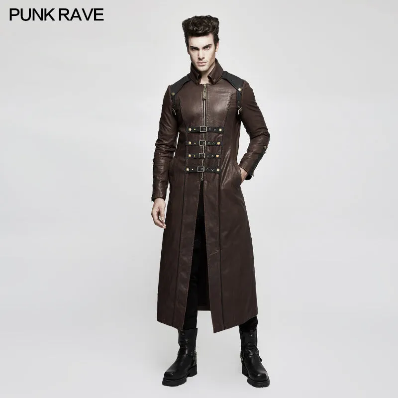 Winter Men Long Leather Punk Coat With Stand-up Collar