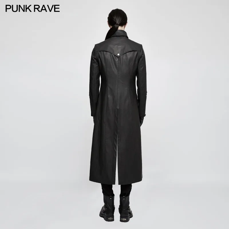 Winter Men Long Leather Punk Coat With Stand-up Collar