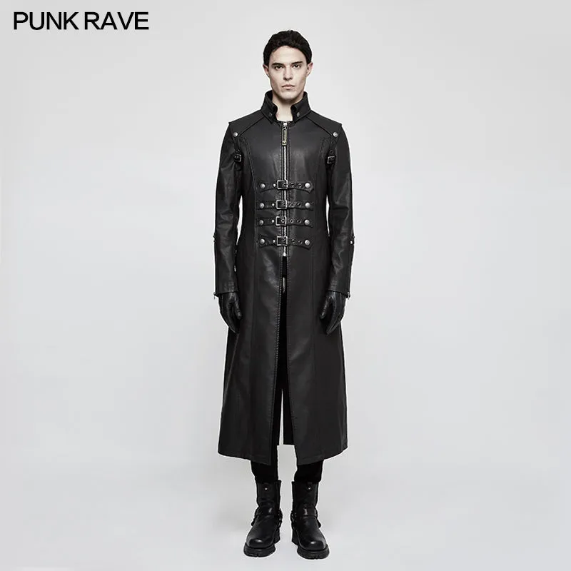 Winter Men Long Leather Punk Coat With Stand-up Collar